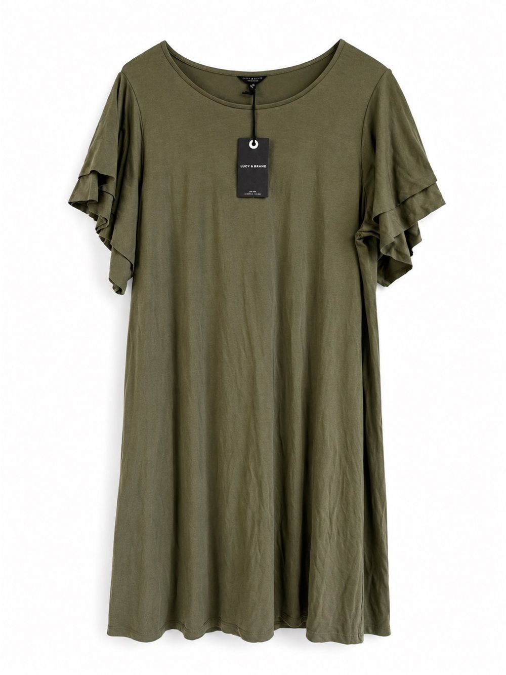 NWT Lucky Brand L Olive Green Flutter Sleeve Shift Dress Boho Casual Lagenlook